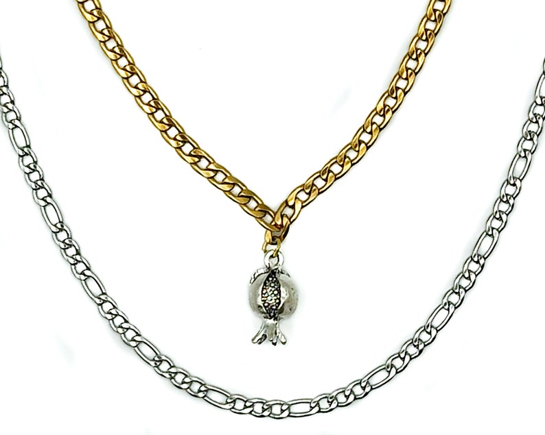 Gold Cuban Chain and Silver Figaro Chain Layered Set Pomegranate Necklace with Pendant Charm
