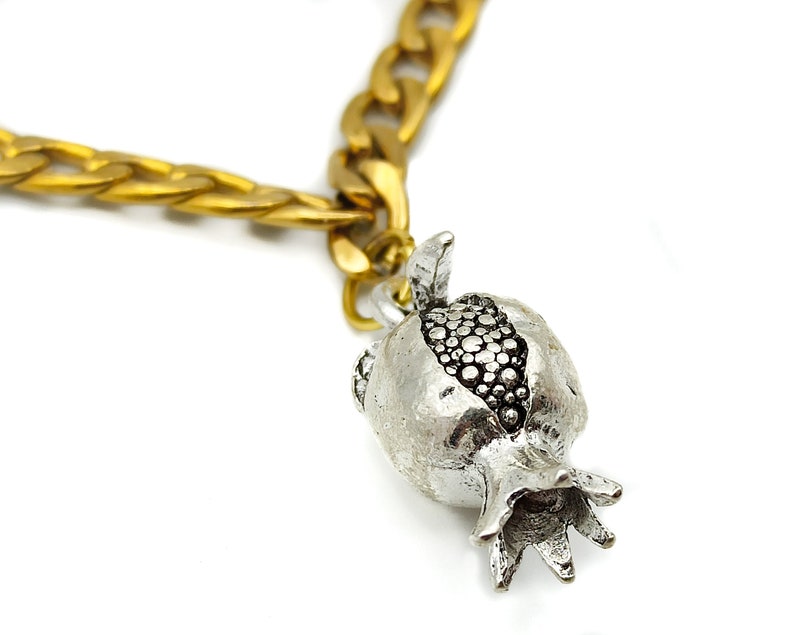 Gold Cuban Chain and Silver Figaro Chain Layered Set Pomegranate Necklace with Pendant Charm