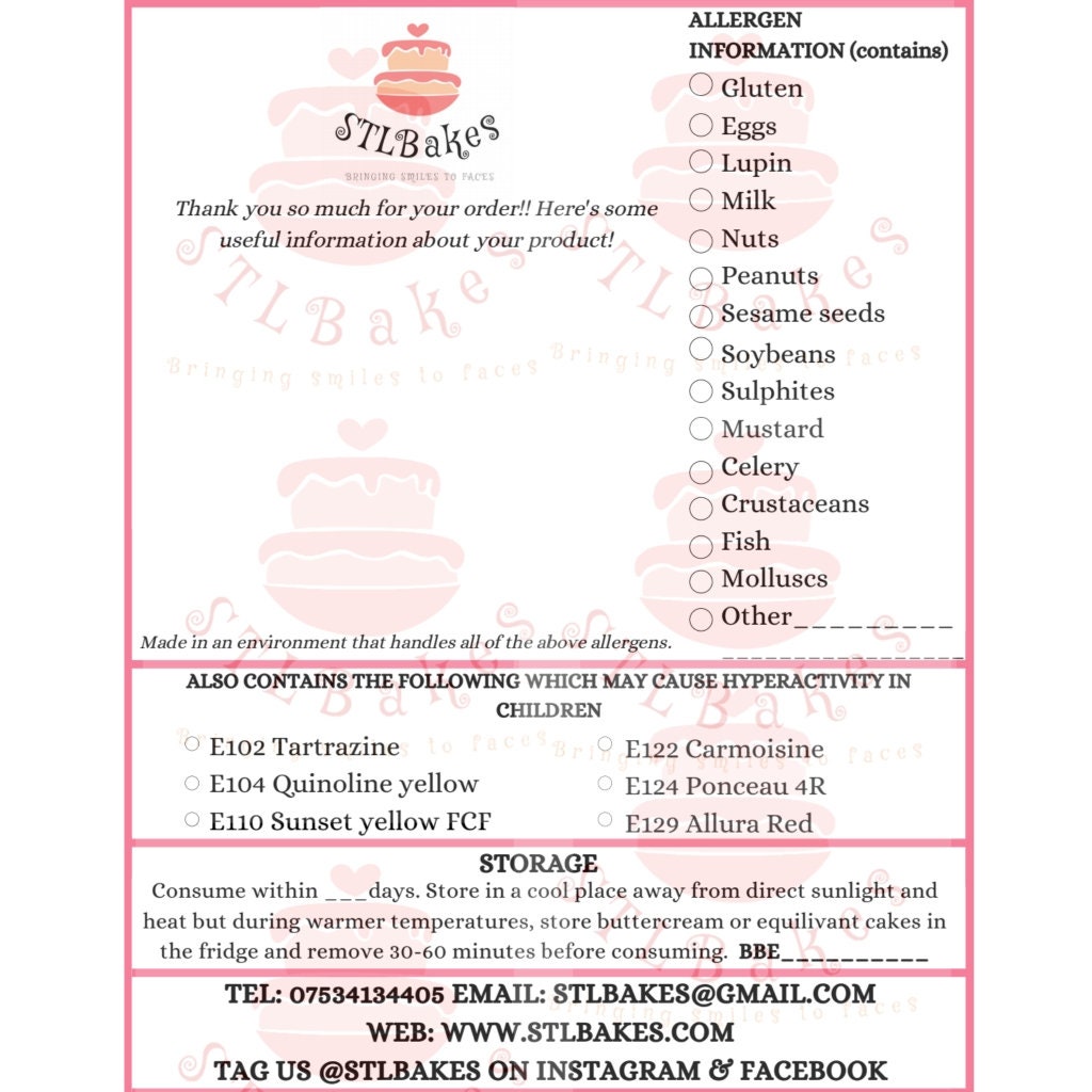 Allergen Sheets for Cakes Etsy