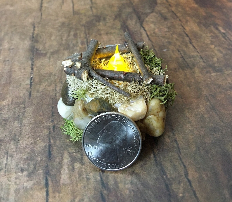 May include: A miniature campfire with a yellow LED light, surrounded by small rocks and moss. A US quarter is included for scale.
