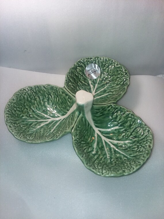 Olfaire Portugal Majolica cabbage 3 sectioned serving dish Etsy