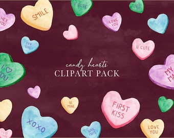 Candy Hearts Watercolor Clipart PNG - Conversation Hearts Clipart, Valentine's Day Art - Hi Res Downloadable Assets (Commercial Use)