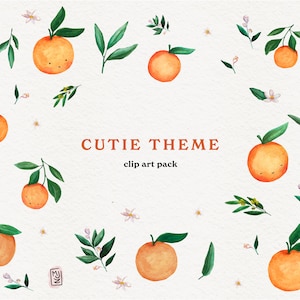 Cutie Theme Watercolor Clipart PNG - Citrus and Floral Party, Hand Painted - Downloadable Assets (Commercial Use)