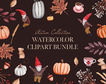 Fall Watercolor Clipart PNG Bundle - Hand-Painted Autumn Leaves, Gnomes, Pumpkins, Mouse, Pies - Hi Res Downloadable Assets (Commercial Use)