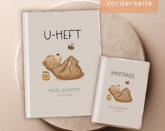 Personalized Baby Record Booklet & Vaccination Card Cover | Baby Gift for Birth | Neutral Baby Record Booklet Cover | Bear with Little Bee Watercolor