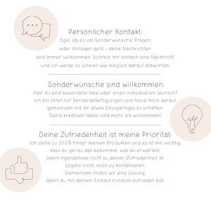 May include: Illustration of a speech bubble, a light bulb, and a thumbs up icon. Text reads: "Personal Contact:  Egal, ob es um Sonderw&uuml;nsche, Fragen oder Anliegen geht - deine Nachrichten sind immer willkommen. Schreib mir einfach eine Nachricht. und ich werde so schnell wie m&ouml;glich darauf antworten. Sonderw&uuml;nsche sind willkommen: Hast du eine besondere Idee oder einen individuellen Wunsch? Ich bin offen f&uuml;r Sonderanfertigungen und freue mich darauf. gemeinsam mit dir etwas Einzigartiges zu schaffen. Deine kreativen Ideen sind mehr als willkommen! Deine Zufriedenheit ist meine Priorit&auml;t: Ich stehe zu 100% hinter meinen Produkten und es ist mir wichtig. dass du genau das bekommst, was du erwartest. Wenn irgendetwas nicht zu deiner Zufriedenheit ist. z&ouml;gere nicht, mich zu kontaktieren. Gemeinsam finden wir eine L&ouml;sung. damit du mit deinem Einkauf rundum zufrieden bist."