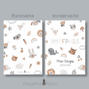 May include: A printable vaccination card with a cute animal pattern. The front side has the text "IMPFPASS" and "Max Dages 28.10.2021". The back side has a repeating pattern of animals, houses, and other cute illustrations.