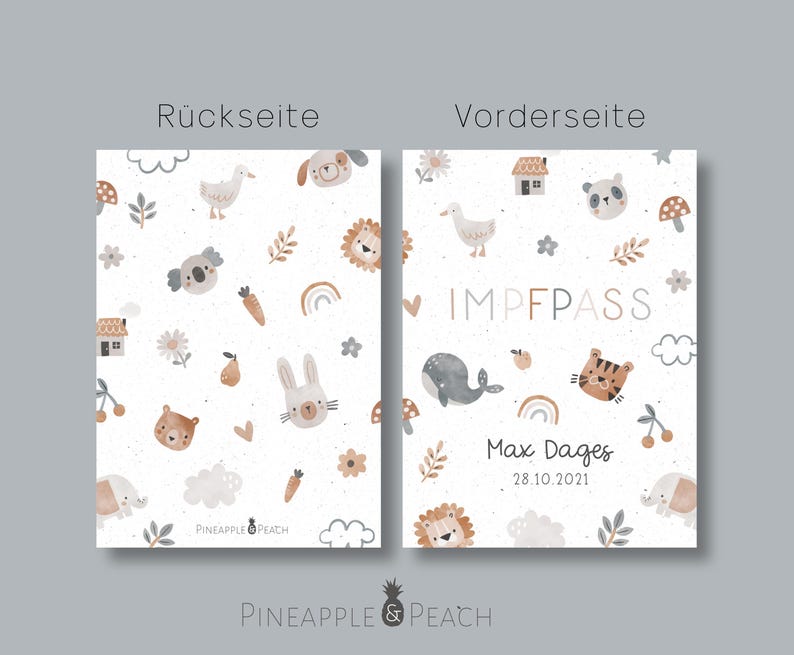 May include: A printable vaccination card with a cute animal pattern. The front side has the text "IMPFPASS" and "Max Dages 28.10.2021". The back side has a repeating pattern of animals, houses, and other cute illustrations.