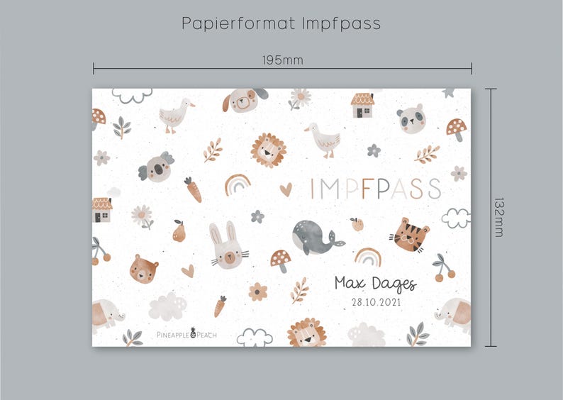 May include: A white card with a light brown and gray animal pattern. The card says "Impfpass" and "Max Dages 28.10.2021". The card is 19.5 cm by 13.2 cm.