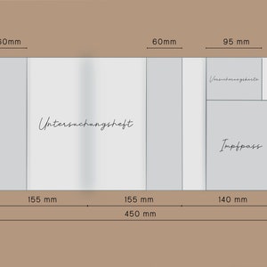 May include: A diagram showing the dimensions of a document holder with three sections. The sections are labeled "Untersuchungsheft", "Impfpass", and "Versicherungsakarte". The dimensions are in millimeters.
