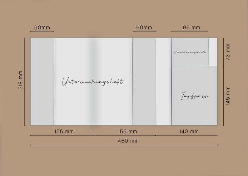 May include: A diagram showing the dimensions of a document holder with three sections. The sections are labeled "Untersuchungsheft", "Impfpass", and "Versicherungsakarte". The dimensions are in millimeters.
