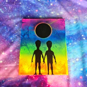 Alien Eclipse Couple in Space Trippy Blacklight/UV Reactive Mini Canvas Painting