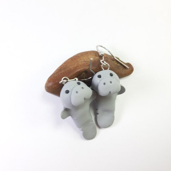 Manatee Earrings, manatee jewelry, manatee charm, polymer clay, cute miniature animal earrings, gray sea creature manatee gift unique gift