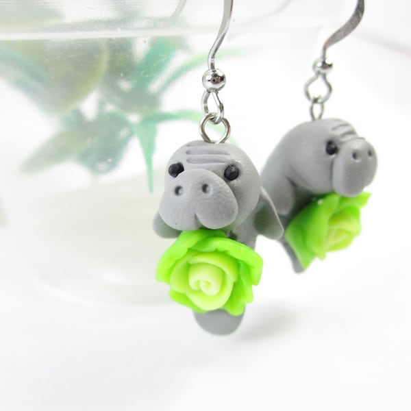 Manatee Earrings manatee gift for women earrings dangle gift for her manatee charm polymer clay earrings miniature animal cute earrings sea