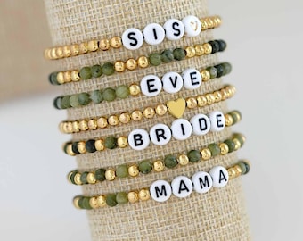 Personalized Green Tourmaline Beaded Bracelet with Name, Custom Natural Stone Bracelet Stack for Moms, Kids Name Jewelry, Gift for Her