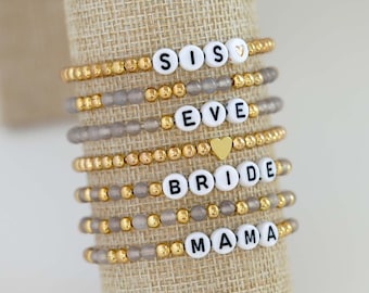 Personalized Gray Agate Beaded Bracelet with Custom Name, Natural Stone Stacking Bracelet for Moms, Kids Name Jewelry, Gift for Her