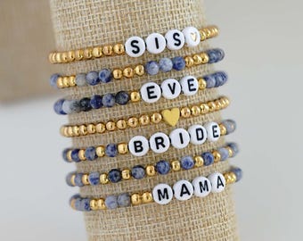 Personalized Sodalite Beaded Bracelet with Custom Name, Natural Stone Stacking Bracelet for Moms, Kids Name Jewelry, Handmade Gift for Her