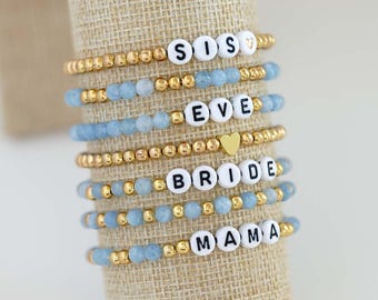Personalized Aquamarine Beaded Bracelet with Name, Natural Stone Stacking Mama Bracelet, Custom Kids Name Jewelry, Gift for Her, Handmade