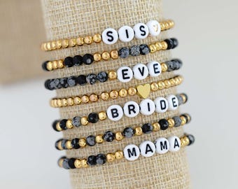 Personalized Snowflake Obsidian Beaded Bracelet with Custom Name, Natural Stone Stacking Bracelet for Moms, Kids Name Jewelry, Gift for Her