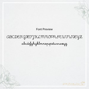May include: Font preview image showing the alphabet in uppercase and lowercase letters in a cursive script font. The text "Font Preview" is at the top of the image. The text "Gold Dainty Line" is at the bottom of the image.