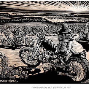 Chopper Motorcycle Signed Litho Art Print &quot;Chopper Beach&quot;