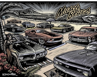 Muscle Cars Signed Litho Art Print "Muscle Beach"