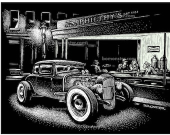 Op de afbeelding: Zwart-witte illustratie van een vintage hot rod auto geparkeerd voor een diner genaamd "Phil's" met mensen die aan de bar zitten. Het diner heeft een bord met de tekst "Est. 1931".
