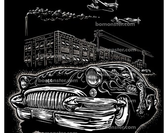 Op de afbeelding: Zwart-witte illustratie van een vintage auto met vlammen aan de zijkant, die langs een fabriek rijdt met rook uit de schoorsteen. Er vliegen vier vliegtuigen boven. De tekst "BOMONSTER" is zichtbaar in de linkerbenedenhoek.