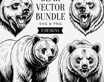 Vintage Bear SVG Bundle, Realistic Bear PNG Clipart, Forest Animal Art, Wildlife Vector, Tattoo Design, Commercial Use