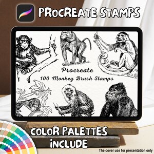 May include: A digital illustration of a tablet screen displaying 100 black and white monkey brush stamps for Procreate. The text "Procreate 100 Monkey Brush Stamps" is displayed on the screen. The text "COLOR PALETTES INCLUDE" is displayed below the tablet screen.