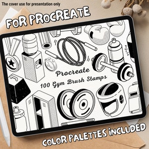 May include: Black and white illustration of 100 gym themed brush stamps for Procreate. The image shows a variety of gym equipment, including dumbbells, barbells, boxing gloves, a water cooler, a jump rope, and a weightlifting belt. The text "Procreate 100 Gym Brush Stamps" and "COLOR PALETTES INCLUDED" are also visible.