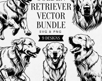 Vintage Golden Retriever SVG Bundle, Realistic Dog PNG Clipart, Pet Illustration, Animal Vector Art, Tattoo Design, Commercial Use