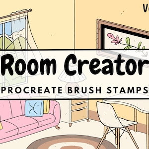 Puede incluir: Un conjunto de sellos de pincel de Procreate para crear interiores de habitaciones. La imagen muestra un sofá rosa, un escritorio con una silla, una lámpara, una ventana, un marco de imagen y una planta en maceta. El texto "Room Creator" y "Procreate Brush Stamps" se muestra en la imagen.