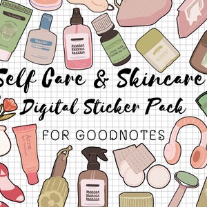 May include: A digital sticker pack for Goodnotes featuring self-care and skincare items. The stickers include a variety of items, such as face masks, essential oils, and skincare products. The stickers are designed in a cute and colourful style.