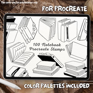 Puede incluir: Una ilustración digital de 100 sellos de cuaderno para Procreate. Los sellos son en blanco y negro y presentan varios diseños de cuadernos, incluyendo cuadernos cerrados, cuadernos abiertos y pilas de cuadernos. El texto "FOR PROCREATE" y "100 Notebook Procreate Stamps" está incluido en la imagen.
