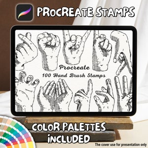 Puede incluir: Una ilustración digital de 100 sellos de pincel de mano para Procreate, que presenta varios gestos de mano en un estilo de arte de línea en blanco y negro. El texto "Procreate 100 Hand Brush Stamps" se muestra sobre un fondo blanco. El texto "COLOR PALETTES INCLUDED" se muestra debajo de la imagen.