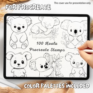 Pode incluir: Uma ilustração digital de 100 carimbos de coala preto e branco para usar no aplicativo Procreate. O texto "100 Koala Procreate Stamps" está escrito no centro da imagem. O texto "COLOR PALETTES INCLUDED" está escrito na parte inferior da imagem.