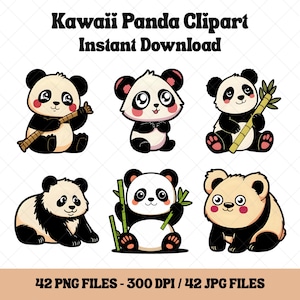 Paquete de imágenes prediseñadas de pandas kawaii, imágenes prediseñadas de pandas lindos, ilustraciones de pandas, archivos PNG y JPG de pandas para manualidades, pegatinas digitales, uso comercial