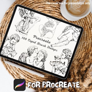 May include: A digital illustration of 100 Procreate brush stamps featuring various poses of cherubs. The text "Procreate 100 Cupid Brush Stamps" is displayed on the image.
