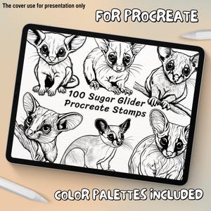 May include: A digital illustration of 100 black and white sugar glider stamps for Procreate. The text "FOR PROCREATE" and "100 Sugar Glider Procreate Stamps" is visible on the image. The text "COLOR PALETTES INCLUDED" is visible at the bottom of the image.