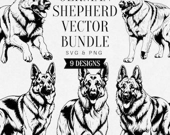 Vintage German Shepherd SVG Bundle, Realistic Dog PNG Clipart, Pet Illustration, Working Dog Vector, Tattoo Design, Commercial Use