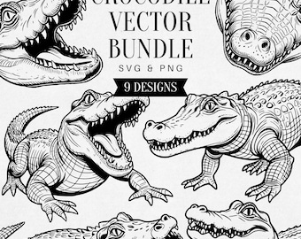 Vintage Crocodile SVG Bundle, Realistic Reptile PNG Clipart, Jungle Animal Art, Wildlife Vector, Tattoo Design, Commercial Use