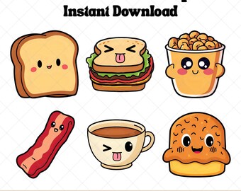 Kawaii Breakfast Clipart Bundle, Cute Breakfast Clipart, Breakfast Illustration, Breakfast PNG Files for Crafts, Digital Stickers