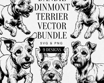 Vintage Dandie Dinmont Terrier SVG Bundle, Realistic Dog PNG Clipart, Pet Illustration, Small Dog Vector, Tattoo Design, Commercial Use