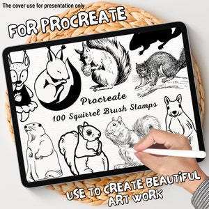 May include: A digital tablet screen displaying a collection of 100 black and white squirrel brush stamps for Procreate. The text "Procreate 100 Squirrel Brush Stamps" is displayed on the screen. The text "USE TO CREATE BEAUTIFUL ART WORK" is displayed at the bottom of the screen.
