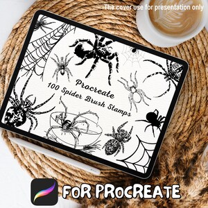 May include: A digital illustration of 100 spider brush stamps for Procreate. The image shows a variety of spiders in different poses, including a spider in a web, a spider on a leaf, and a spider in a bowl. The text "Procreate 100 Spider Brush Stamps" is displayed on the image.