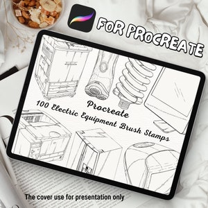 Könnte beinhalten: Ein digitaler Tablet-Bildschirm zeigt eine Sammlung von 100 Schwarzweißillustrationen von elektrischen Geräten. Der Text "Procreate 100 Electric Equipment Brush Stamps" wird auf dem Bildschirm angezeigt. Der Text "FOR PROCREATE" wird über dem Tablet-Bildschirm angezeigt.