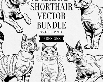 Vintage American Shorthair SVG Bundle, Realistic Cat PNG Clipart, Pet Illustration, Feline Vector, Tattoo Art, Commercial Use