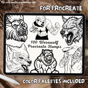 May include: A digital illustration of a tablet screen displaying a collection of 100 black and white werewolf illustrations. The text "FOR PROCREATE" and "100 Werewolf Procreate Stamps" is displayed on the screen. The text "COLOR PALETTES INCLUDED" is displayed at the bottom of the screen.