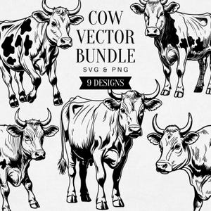 May include: A black and white vector bundle showcasing nine cow designs. The cows are illustrated in diverse poses, with intricate linework and shading. The text "COW VECTOR BUNDLE" is displayed above the designs, alongside "SVG & PNG" and "9 DESIGNS".